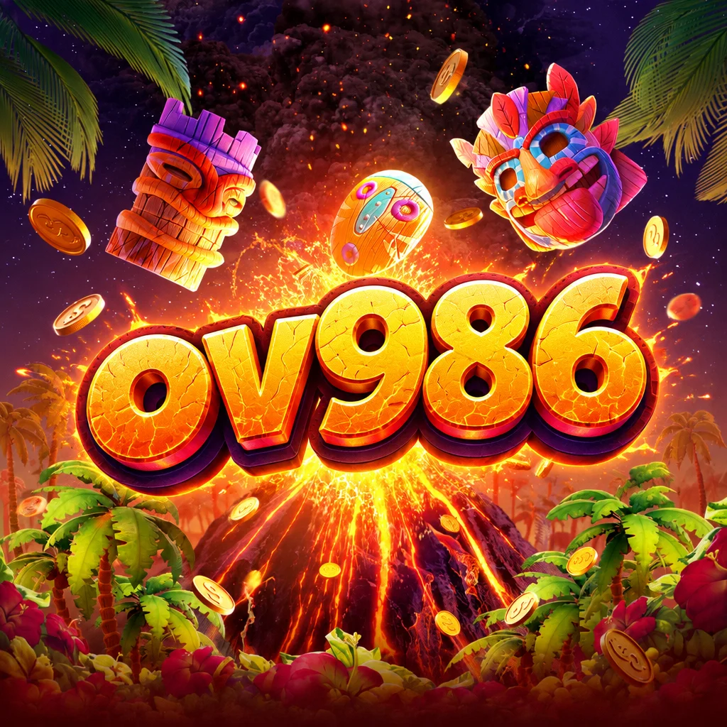 โลโก้ ov986 บนภาพภูเขาไฟปะทุ ล้อมรอบด้วยหน้ากากไม้โทเท็มและต้นมะพร้าวจากเกม Hawaiian Tiki