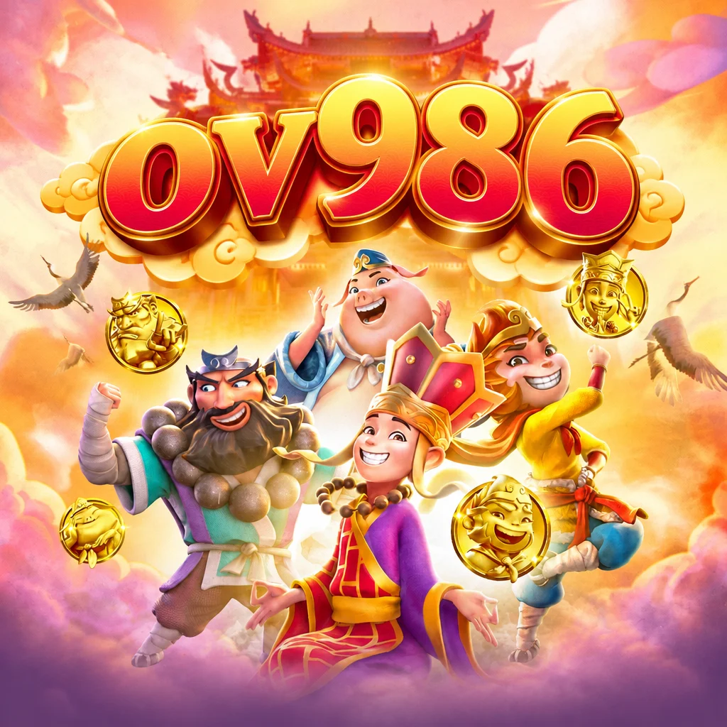 โลโก้ ov986 บนภาพพระถังซำจั๋ง ซุนหงอคง ตือโป๊ยก่าย และซัวเจ๋งจากเกม Journey To The Wealth