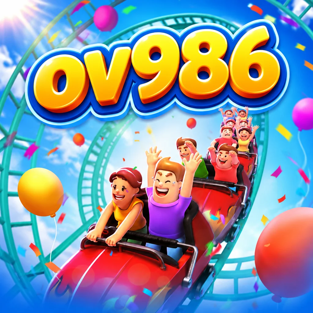 โลโก้ ov986 บนภาพตัวละครนั่งรถไฟเหาะในสวนสนุกจากเกม Wild Coaster ท่ามกลางลูกโป่งและเศษกระดาษสี